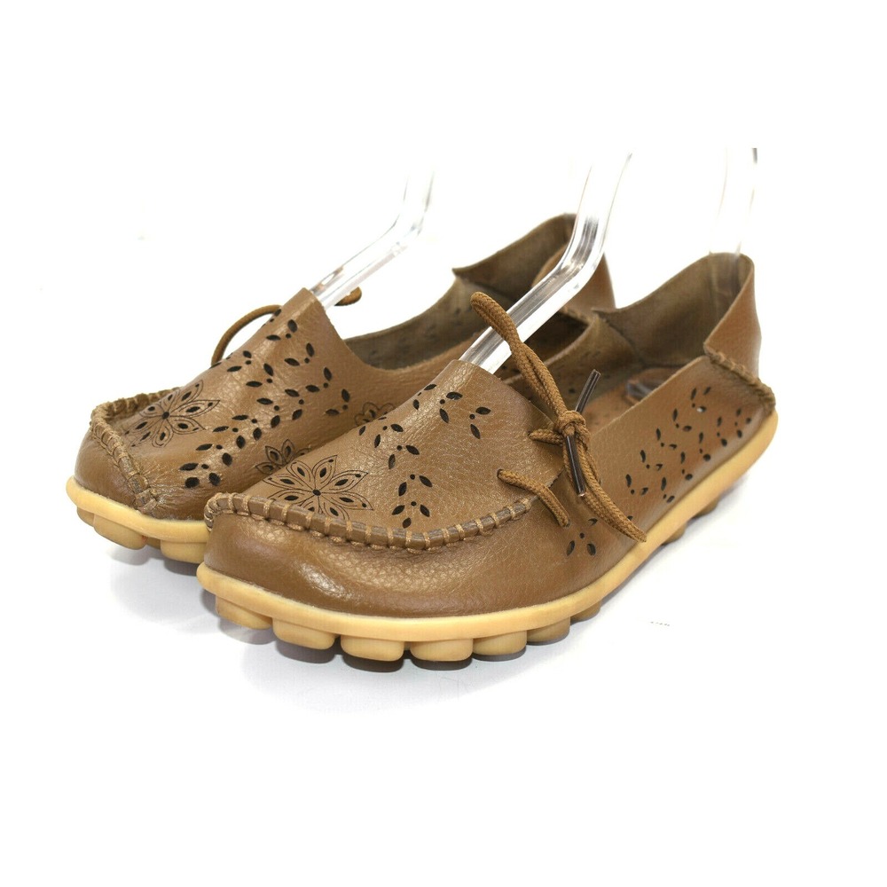 Socofy Women's Brown Leather Slip On Loafers Driving Shoes Mocassins flats US‎ 9 - Picture 2 of 11
